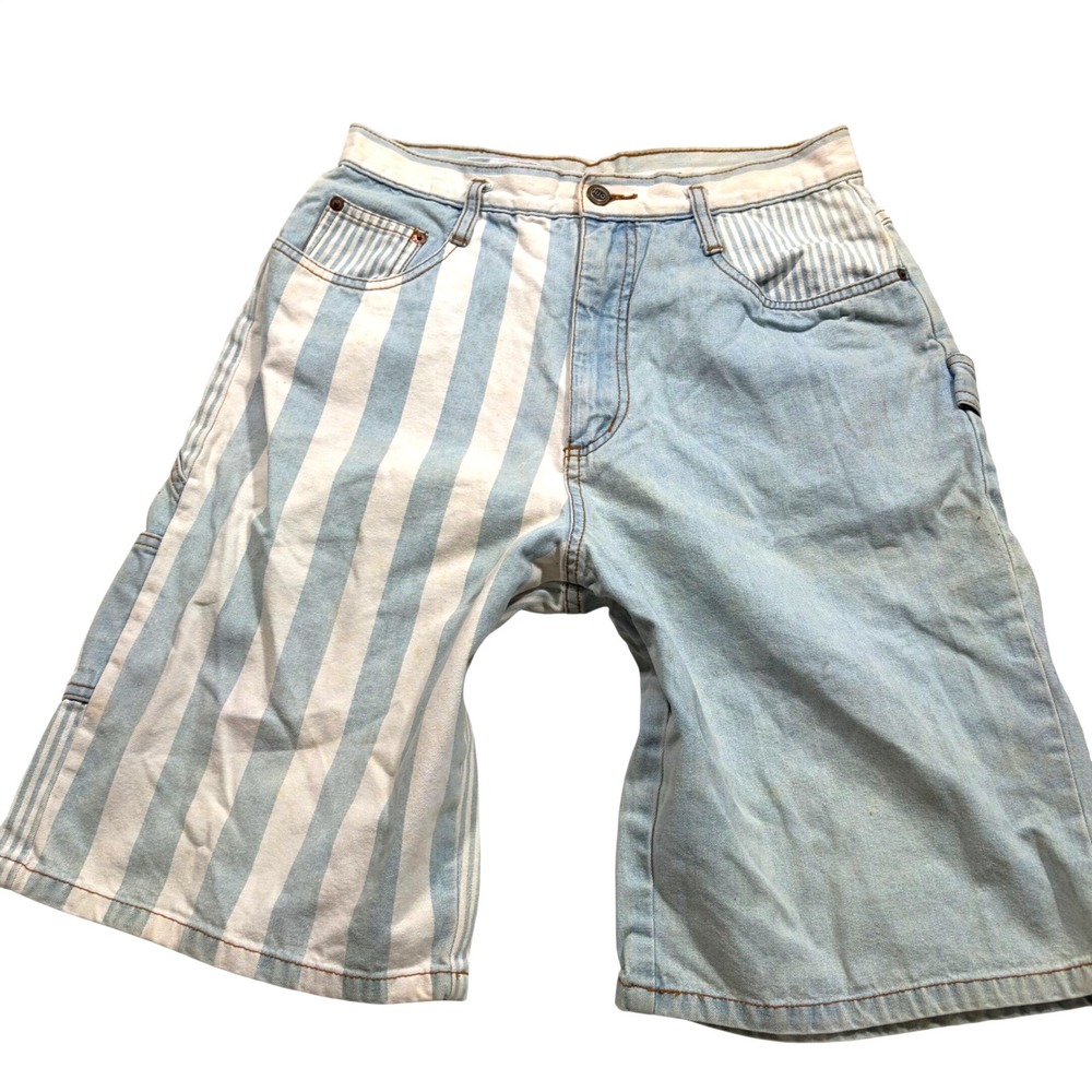 Y2K Jorts vintage Beach Striped Denim Carpenter Shorts Light Wash Blue White